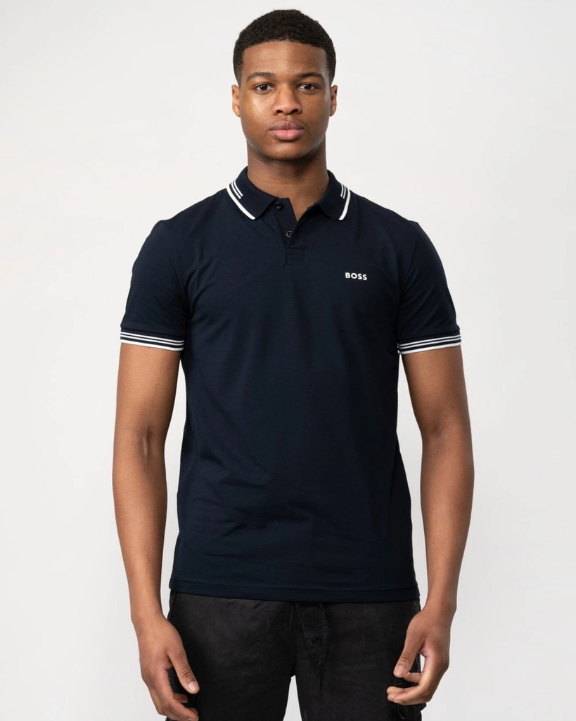 Hugo Boss Paul Mens Short Sleeve Polo Shirt With Contrast Tipping NOS - Dark Blue Cotton - Size X-Large